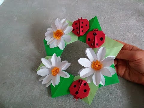 Origami Osterkranz mit Blumen und Marienkäfer aus Papier ...