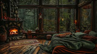 Dark Forest Room Ambience | Warm Fireplace and Rain On Window Sound To Relax, Sleep, Study (12Hrs)
