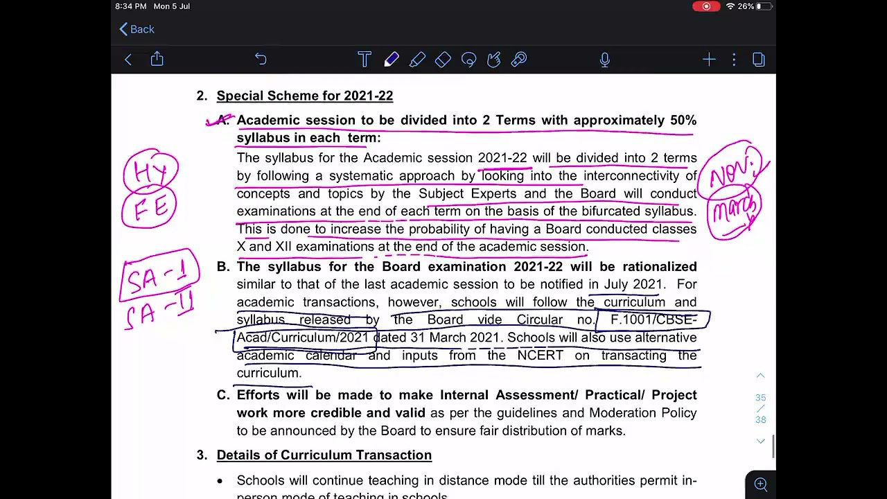 Special Scheme of Assessment for Board Examination Classes X and XII for the Session 2021-22