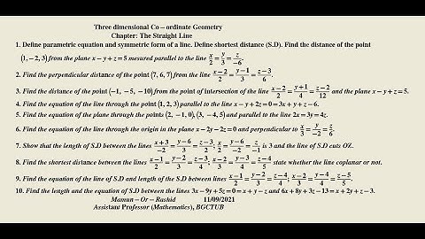 The Straight Line in three dimensional co-ordinate geometry: Problem and solution
