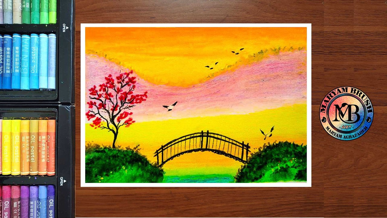 Oil pastel painting of a bridge over a river and a tree with red blossoms and ducks in the sky