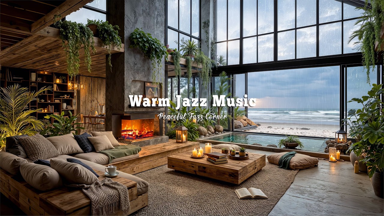 Seaside Living Room Ambience With Gentle Rain Sounds | Warm Jazz Music For Stress Relief