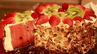 How To Make Watermelon Cake With Whipped Cream Icing And Fresh Fruits