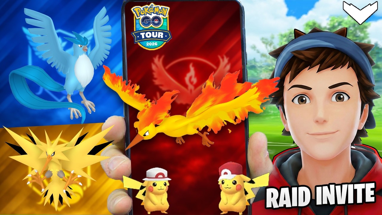 Articuno, Zapdos, Moltres and Costume Pikachu  Background | Kalos Tour Raids  | Pokemon Go | Clu