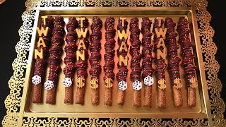 Caramel wrapped pretzel rods | diy | chocolate dipped pretzels | desert table treats