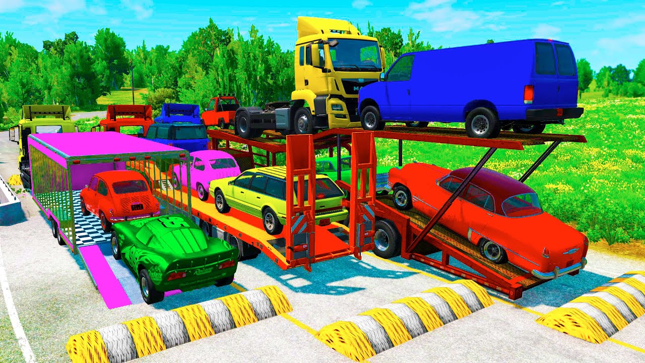 Double Flatbed Trailer Truck vs Speedbumps Train vs Trucks | Tractor vs Train Beamng.Drive 