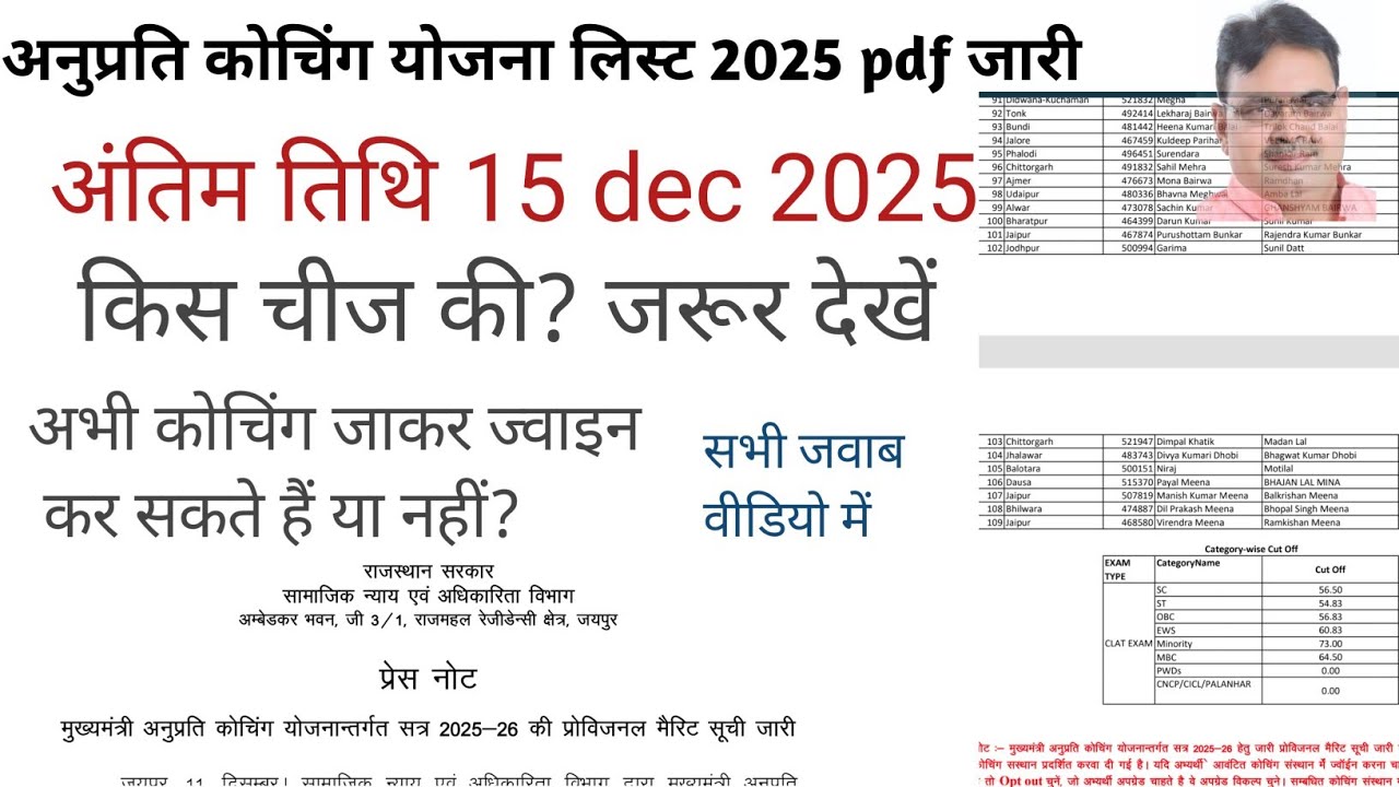 anuprati coaching yojana merit list 2025 pdf upgrade/opt in/opt out last date 15.12.2025 news update