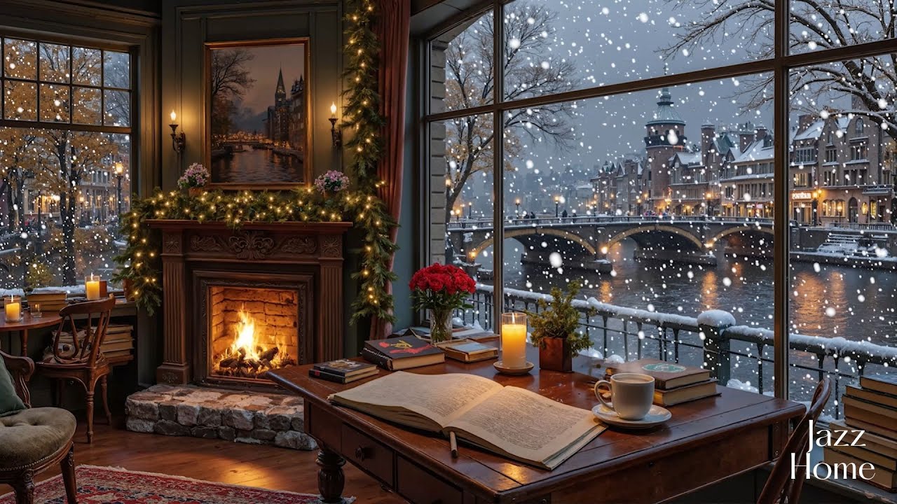 A Quiet Winter Night with Relaxing Jazz Music☕Snowfall City Outside Ambience & Warm Fireplace Sounds