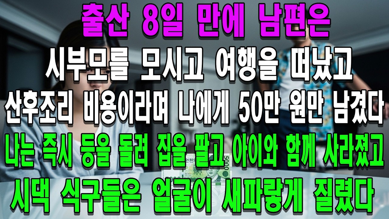 출산 8일 만에 남편은 시부모를 모시고 여행을 떠났고, 산후조리 비용이라며 나에게 50만 원만 남겼다. 나는 즉시 등을 돌려 집을 팔고 아이와 함께 사라졌고, 시댁 식구들은 얼굴
