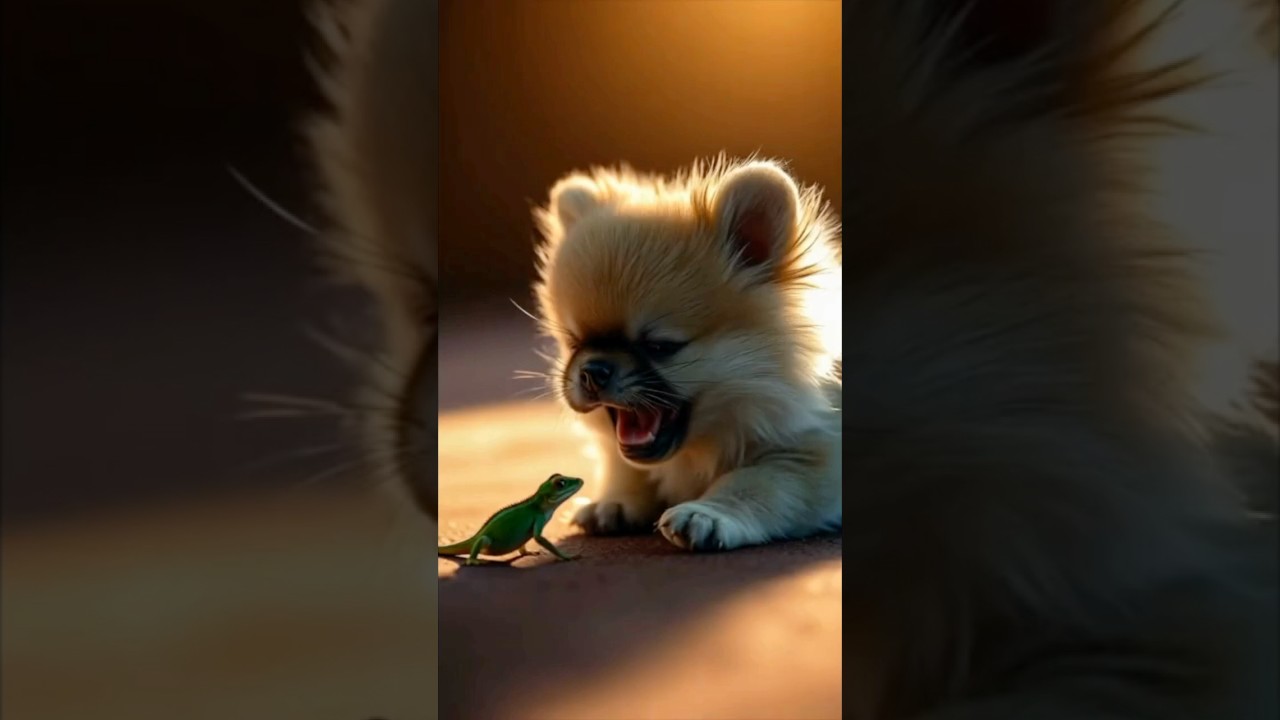 Cute Funny Pomeranian Puppy vs. Gecko – Must See Reaction! Hilarious.