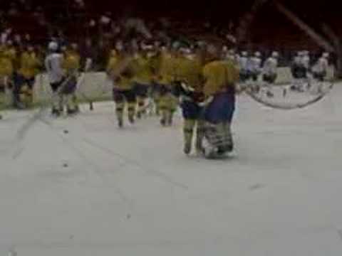 Team USA's Ryan Flynn is denied by Team Sweden's Jhonas Enroth in the final shot of the shootout portion of Tuesday night's game at Lake Placid, NY Team Sweden won the shootout, 2-1 and the game , 4-3