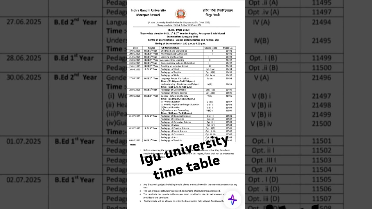 igu university time table