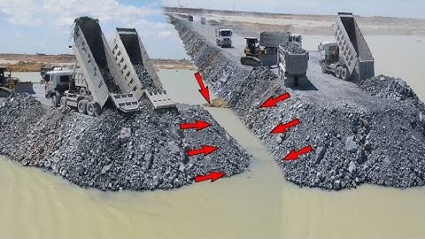 Fantastic Build new Road in lake Mighty Bulldozer pushing big stone with wheel 12 Truck