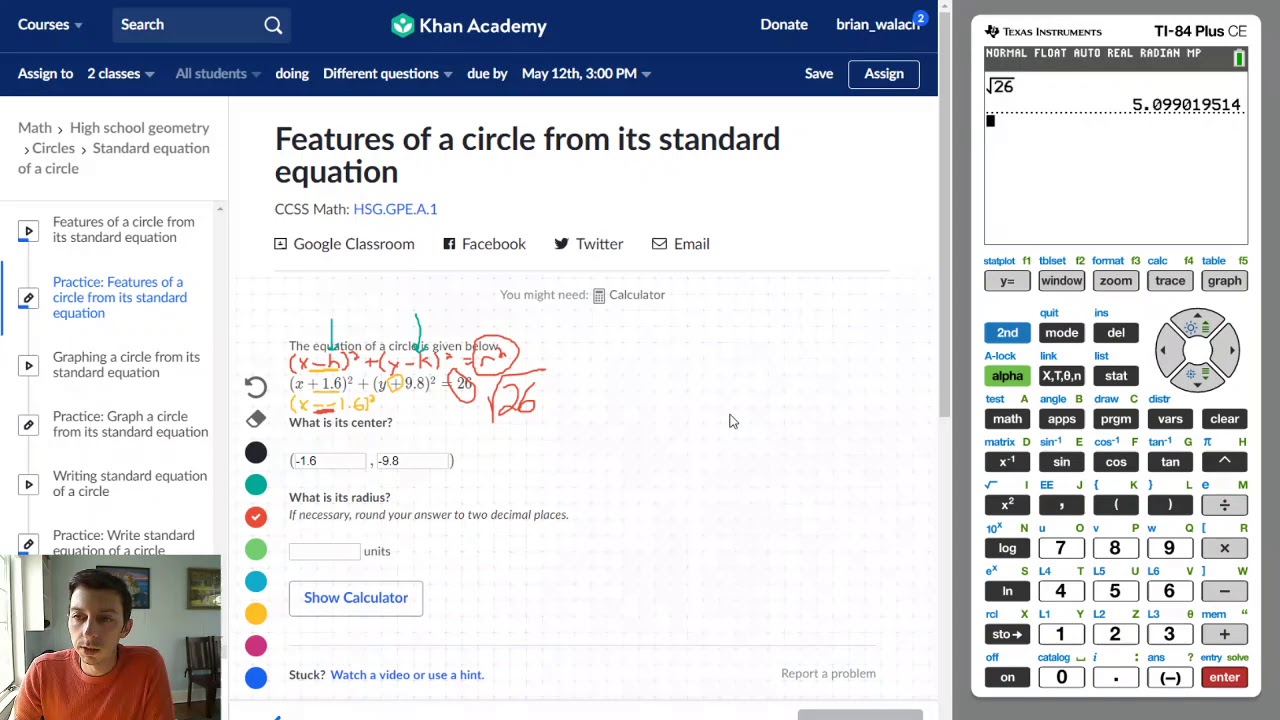 Features of a circle from its standard equation (solving Khan Academy ...