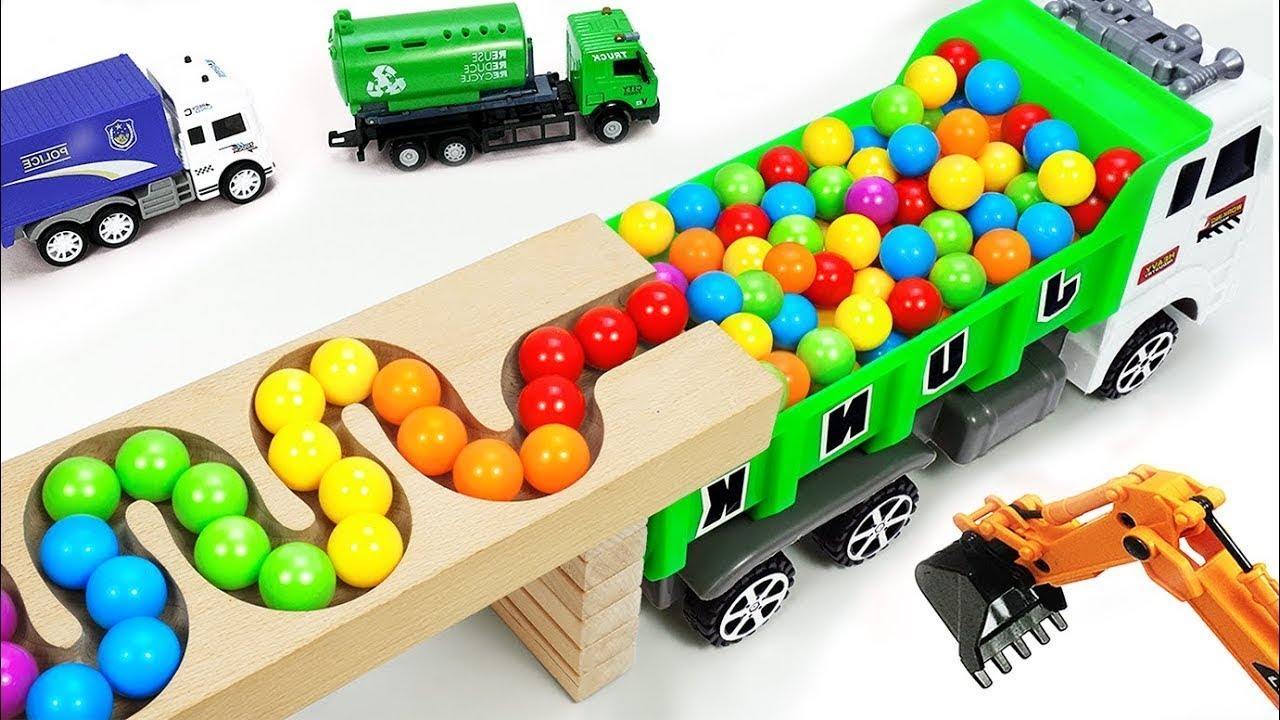 Marble Run ASMR Race ☆ HABA Slope & Dump Truck Excavator Ambulance Forklift Garbage Truck Tractors