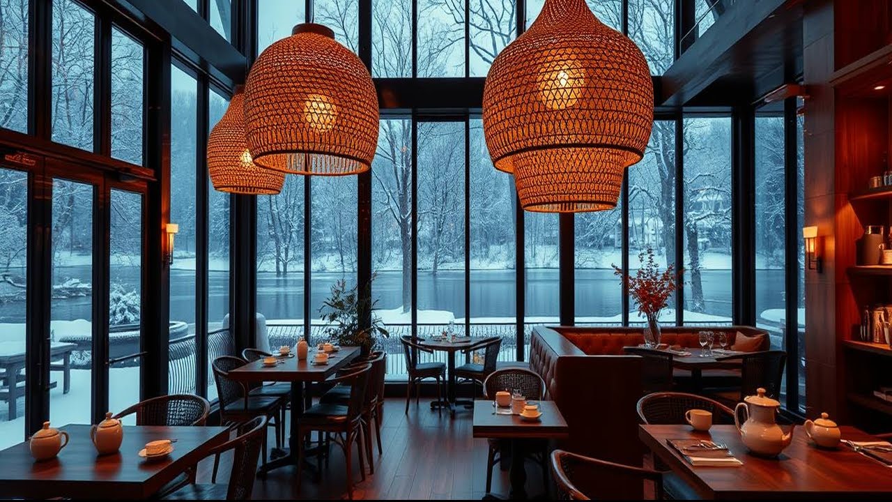 Tea Jazz Café ☕ Cozy Lakeside Winter Ambience | Soothing Jazz Background Music to Boost Your Mood