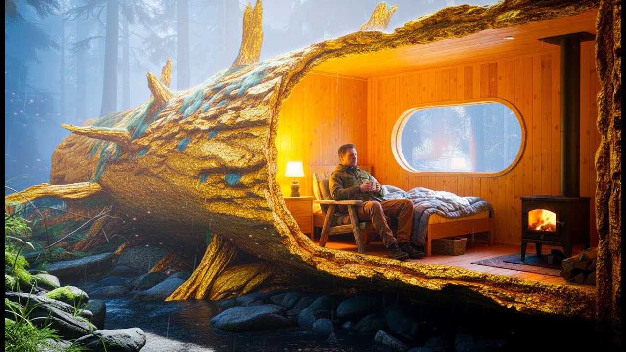 Building a Warm and Cozy Home Inside a Giant Hollow Spruce Log ( ASMR )