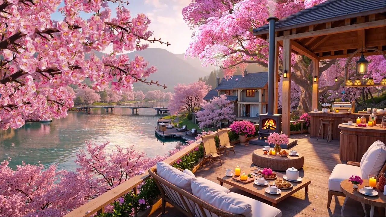 Cozy Spring Coffee Terrace with Smooth Piano Jazz | Lakeside View & Cherry Blossoms in Full Bloom🌸