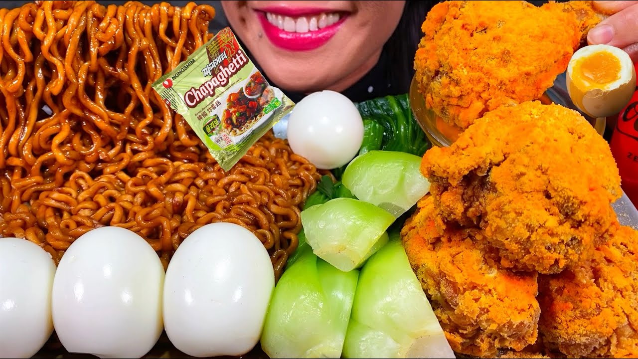 ASMR BBURINKLE CHEESE CHICKEN, SOFT BOILED EGGS, BOK CHOY, BLACK BEAN NOODLES MASSIVE Eating Sounds