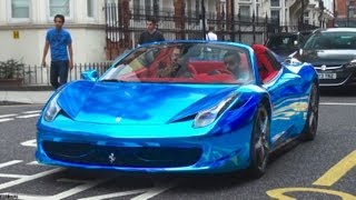 ... crazy looking ferrari 458 spider wrapped in a chrome blue finish
has landed london from saudi. the colour is really bright