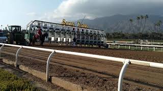 Horses break from starting gate at Santa Anita