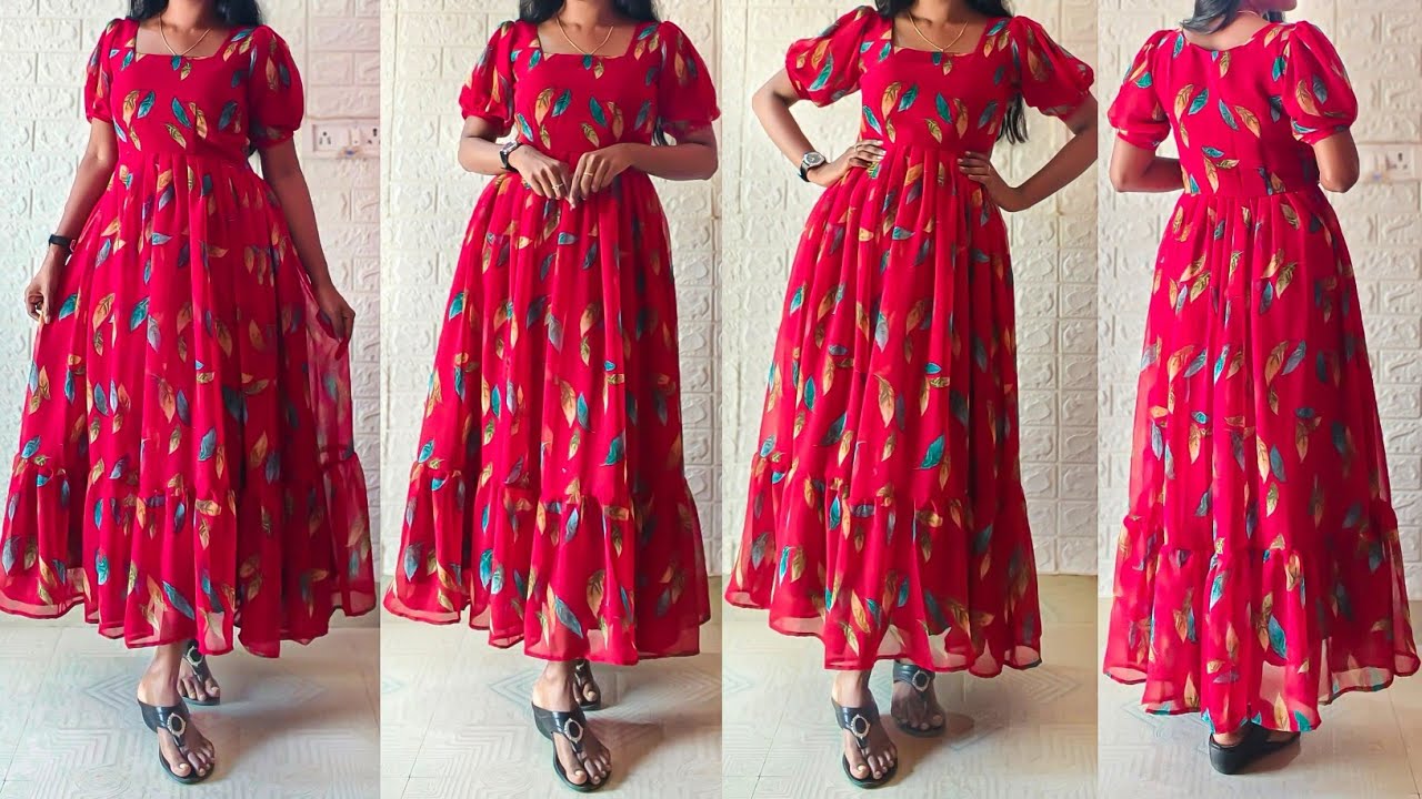 Floral printed maxi dress cutting & stitching / Convert saree into maxi frock/dress/gown easily 