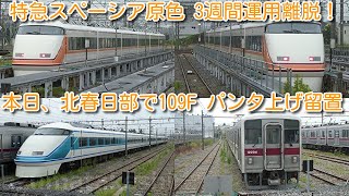 【3週間運用離脱！東武特急スペーシア原色リバイバルカラー 100系 109F】本日パンタを上げ、北春日部留置 別のリバイバルカラーとなる101Fや、11204Fの様子も撮影