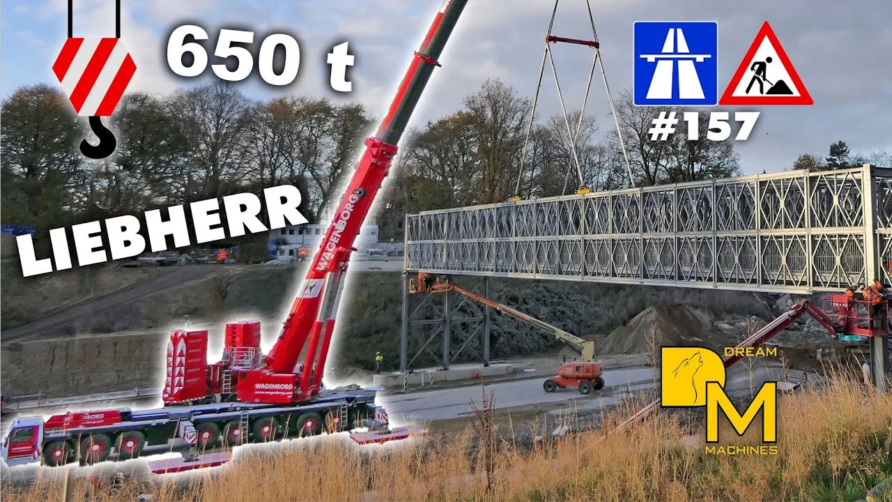 Liebherr LTM 1650-8.1 powerful crane on highway 🦺 Heavy liftinl installing pedestrian bridge