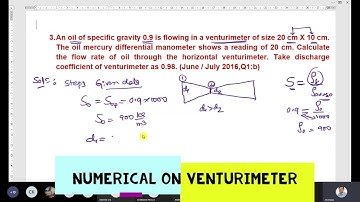 Horizontal Venturimeter problem. VTU Find theoretical and actual discharge through the pipe. Fluid.