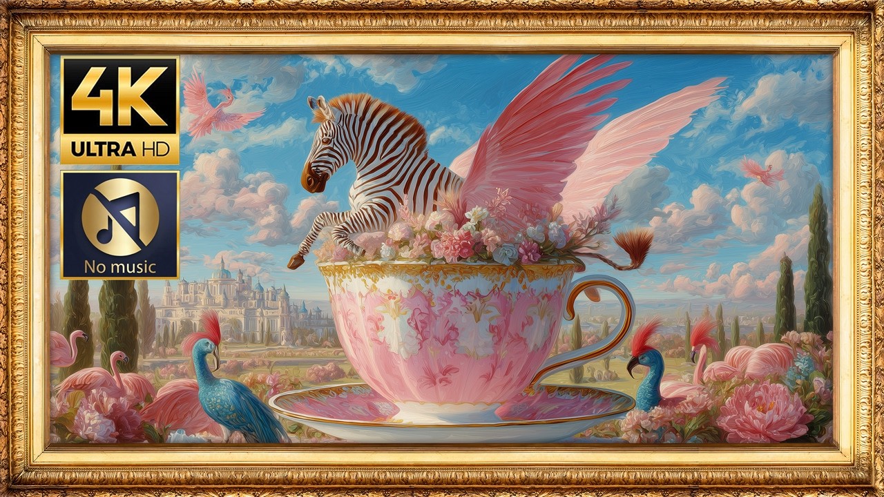 Zebra Pegasus Rising from Floral Teacup | 4K UHD Framed Art Screensaver |(2:20 Hours)