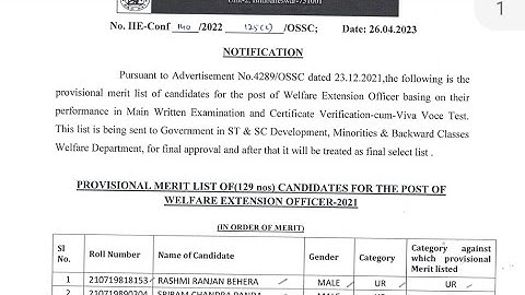 provisional Merit cum select List of WEO(129Candidates )   & Cut off Marks  Result out by OSSC