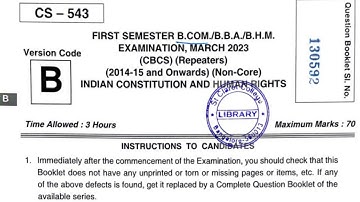 Indian Constitution and Human Rights first semester B. Com/BBA/BHM question paper 2023