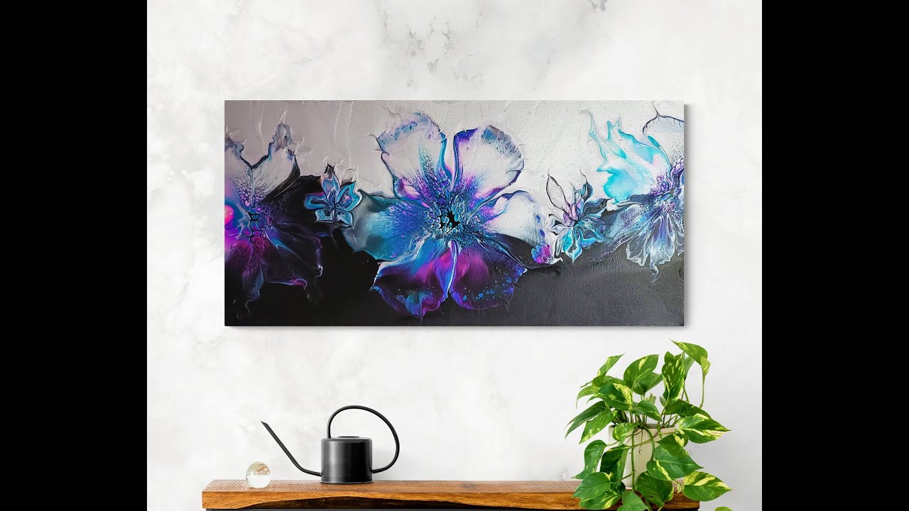 (522) Bloom Technique Acrylic Pour Painting on Large Split Canvas