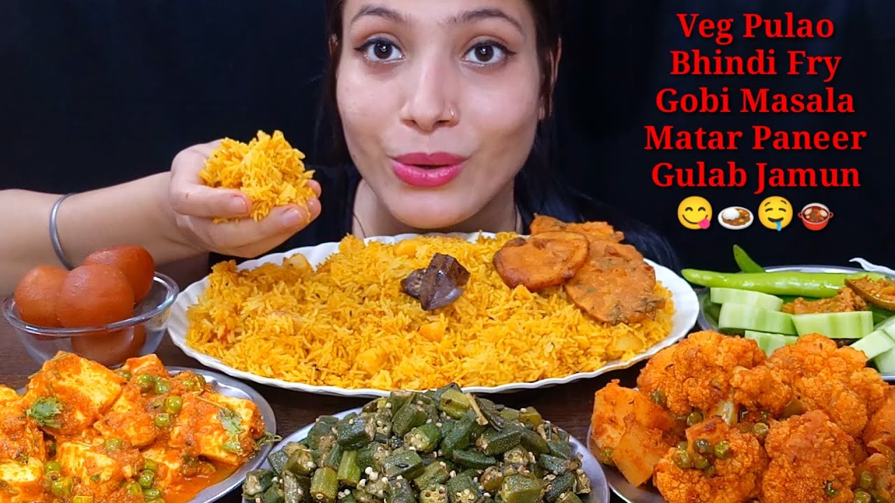 Eating Pulao, Gobi Masala, Bhindi Fry, Matar Paneer, Gulab Jamun | Huge indian Food Feast Mukbang
