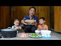 Single girl harvests sweet potatoes to sell at the market  cooking with two small children