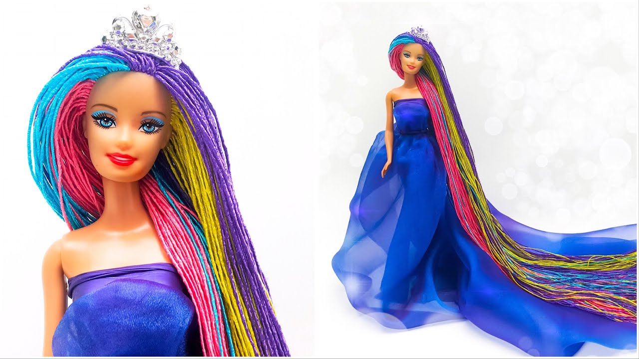 Como Fazer a Transformação do Penteado da Boneca Barbie ~Cabelo Longo Colorido~ Idéias de Artesanato
