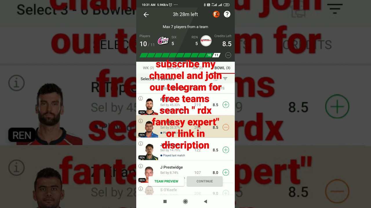 SIX VS REN dream 11 team, six vs ren dream 11 pridiction, six vs ren dream 11 team for today's match