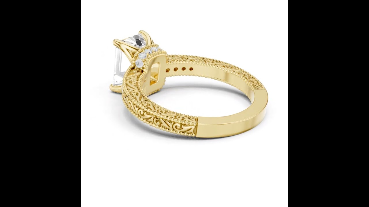 Emerald Cut Filigree with Milgrain Pave Band Engagement Ring