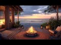Relaxing fireplace  sound of ocean waves for deep sleep  sunset ambience  cozy beach house