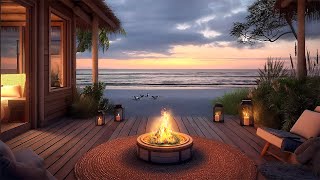 Relaxing Fireplace & Sound of Ocean Waves For Deep Sleep | Sunset Ambience | Cozy Beach House