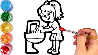 Let's start drawing and coloring girl cleaning her hands !  kids drawing lessons screenshot 3