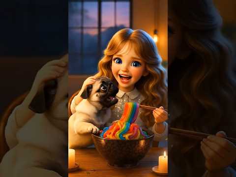 A Cute Dog's Dream Come True! He Brings a Bowl Full of Rainbow Noodles for His "Little Fairy".