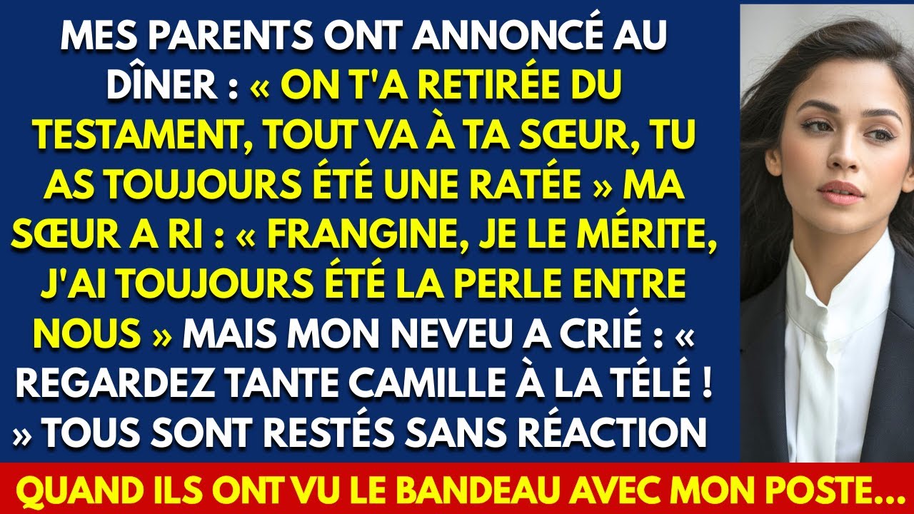 Ce soir-là, ma famille m'a annoncé que j'étais retirée du testament parce que, selon ma mère, j'avais "toujours été une ratée". Mes parents et ma sœur Camille se partageaient déjà tout, avec ce...