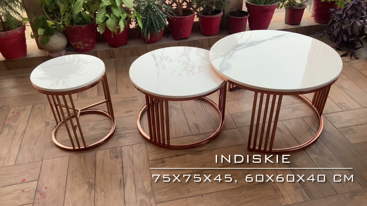 INDISKIE Set Of Three Coffee Table Side Table Round Marble Rose Gold