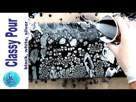 Long Canvas Black, white and Silver Acrylic Pour with Silicone and ...