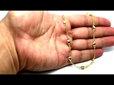 14K Yellow Gold Puffed Hearts Anklet, 10"