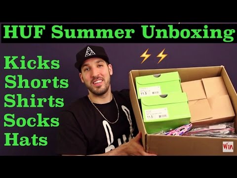 huge-summer-unboxing-from-huf!-kicks,-shorts,-shirts,-socks,-hats