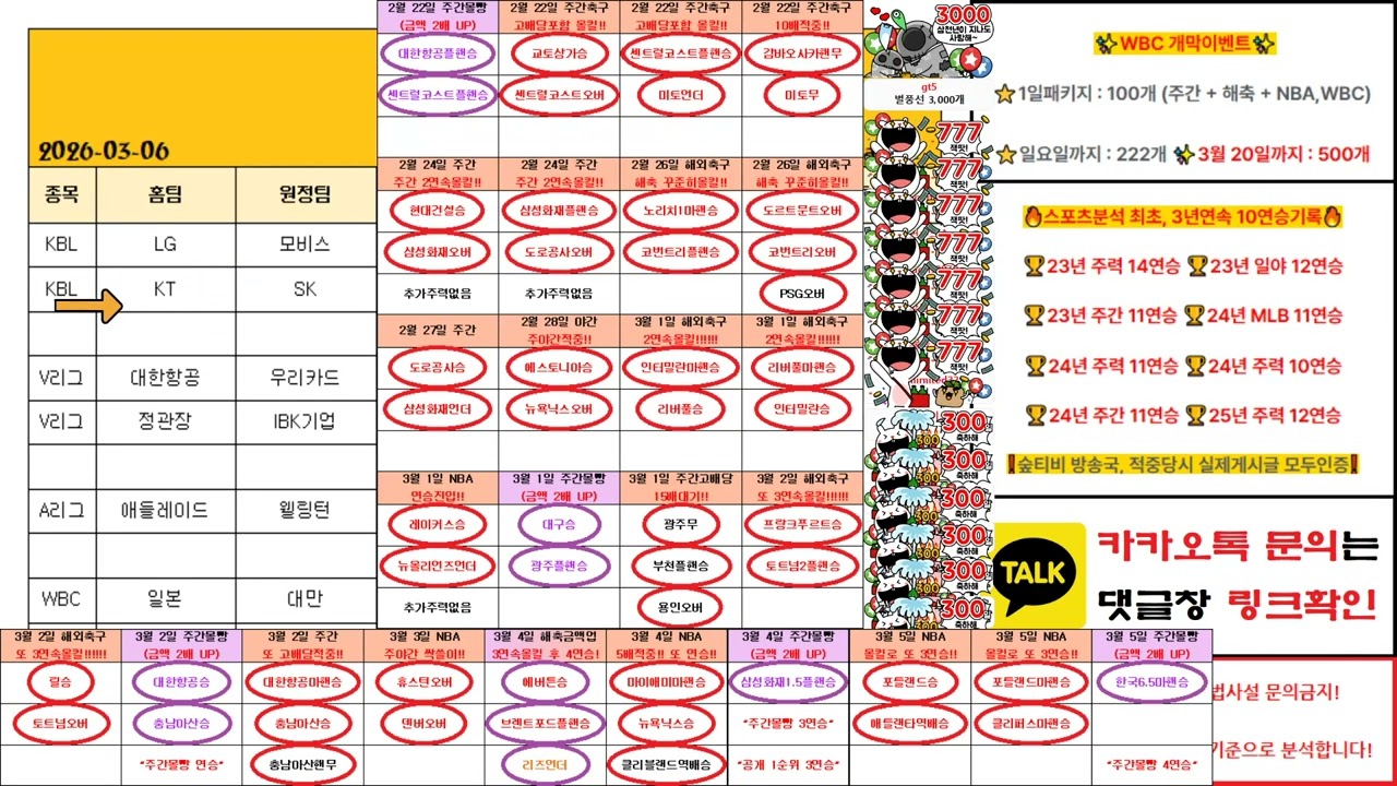아르마다 [3월 6일 WBC, 국내농구, 국내배구, 호주축구, KBL, V리그, 스포츠분석]