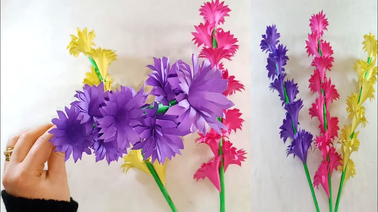 عمل وردة بالورق الملون 🌸🌸How to make paper stick flower - YouTube