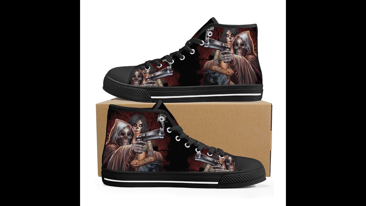 Grim reaper shoes for her flame skull shoes gift flower skull causual sneakers, horror shoes for her